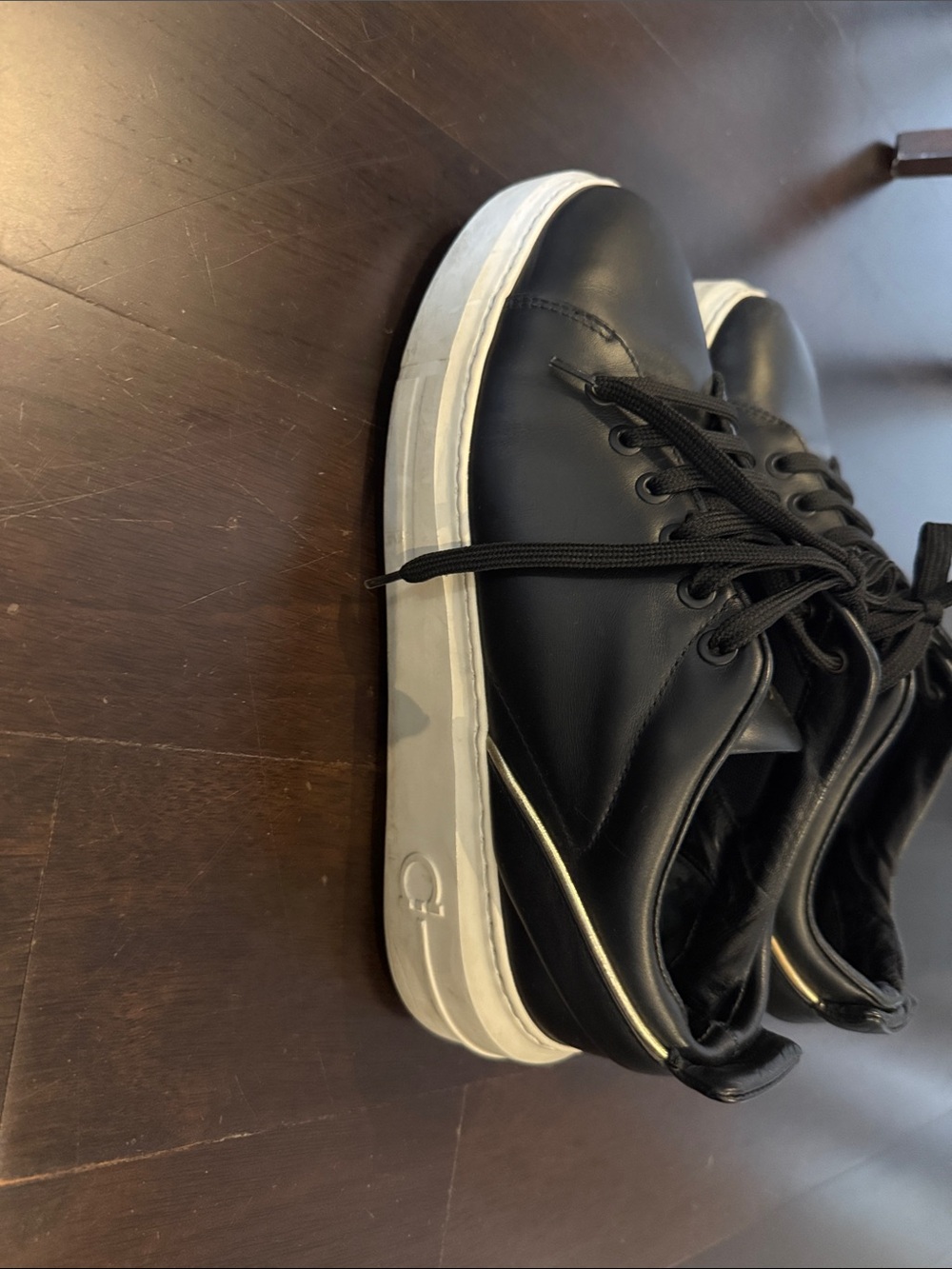 Salvatore Ferragamo Black Leather Low-Top Sneakers with White Sole - Picture 2 of 11